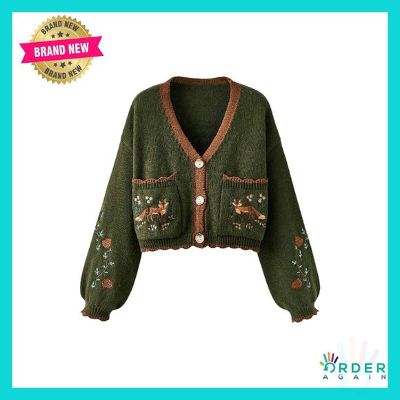 Sweaters - Floral Cropped Cardigan Boho Cottagecore Embroidered Open Front Western Sweater